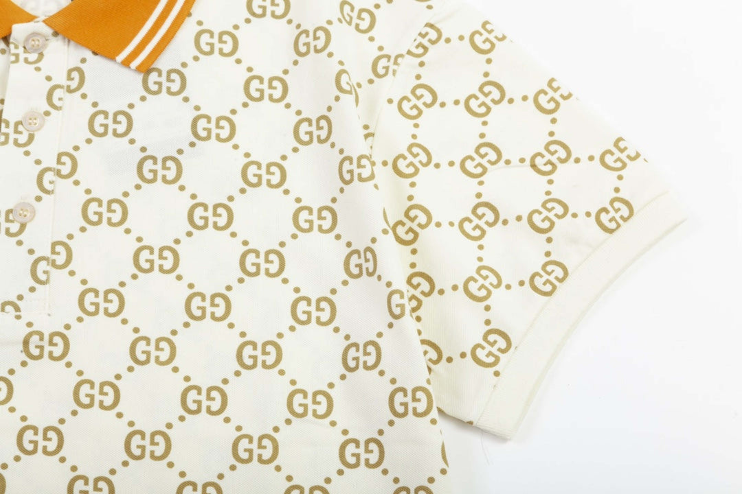 Gucci Monogram Beige Polo Shirt with Orange Collar