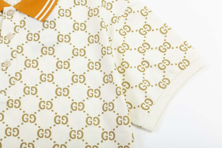 Gucci Monogram Beige Polo Shirt with Orange Collar