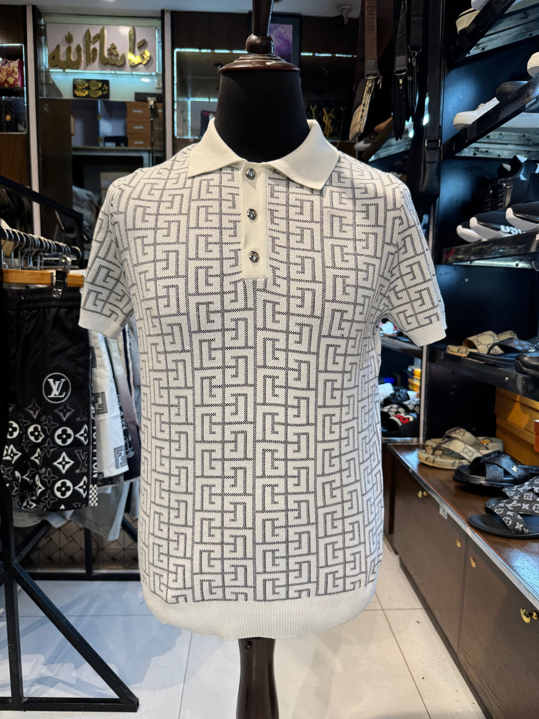 Balmain-Inspired White Monogram Knit Polo Shirt