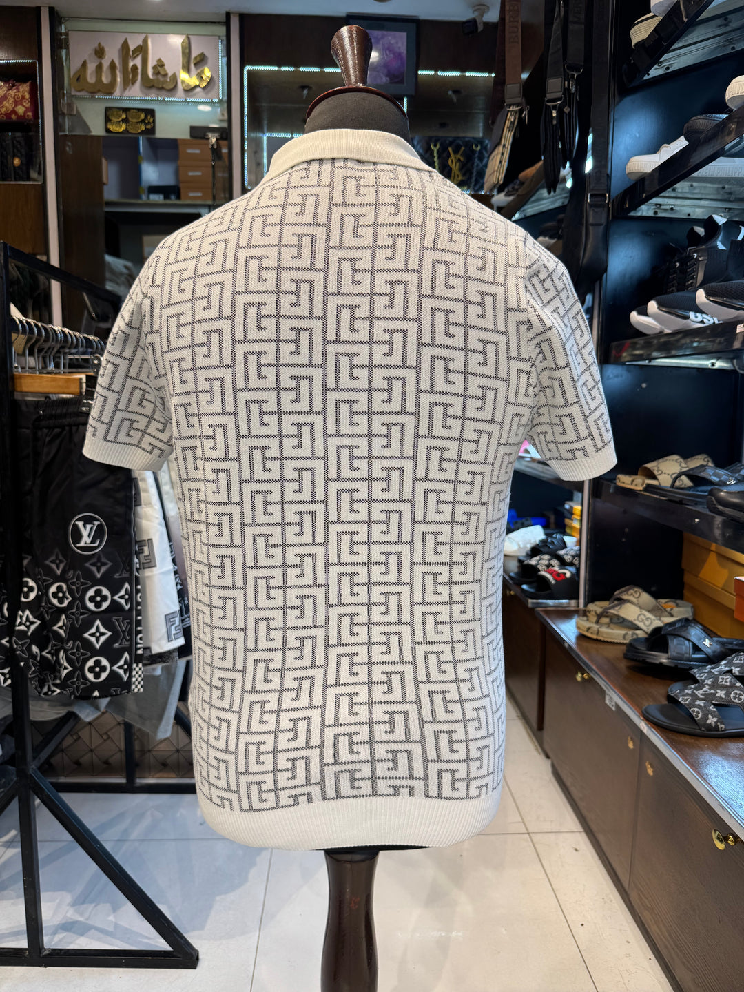 Balmain-Inspired White Monogram Knit Polo Shirt