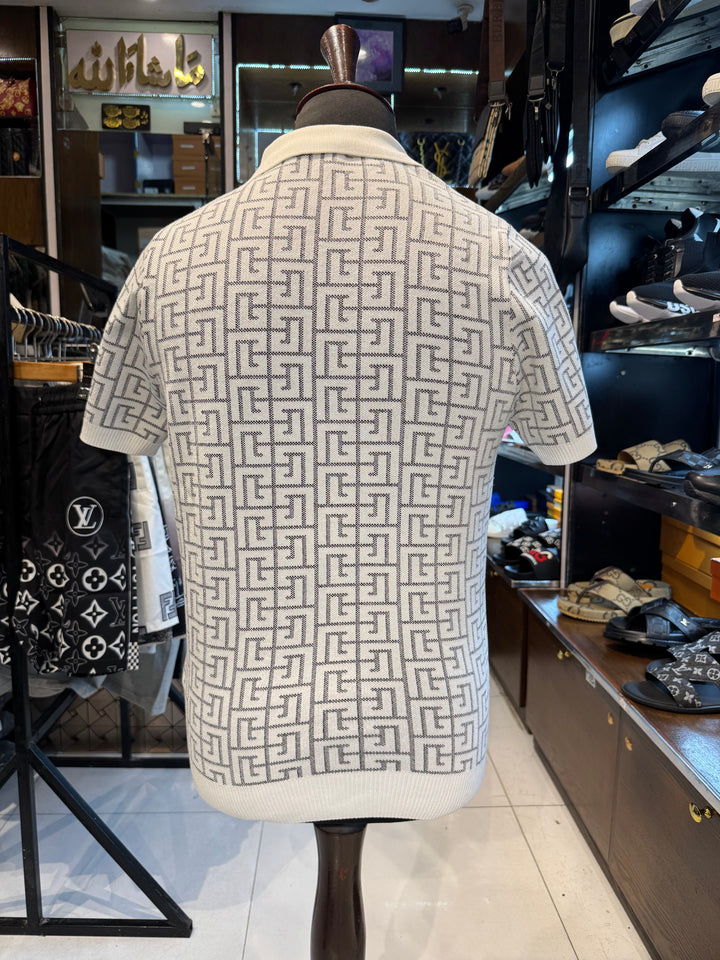 Balmain-Inspired White Monogram Knit Polo Shirt