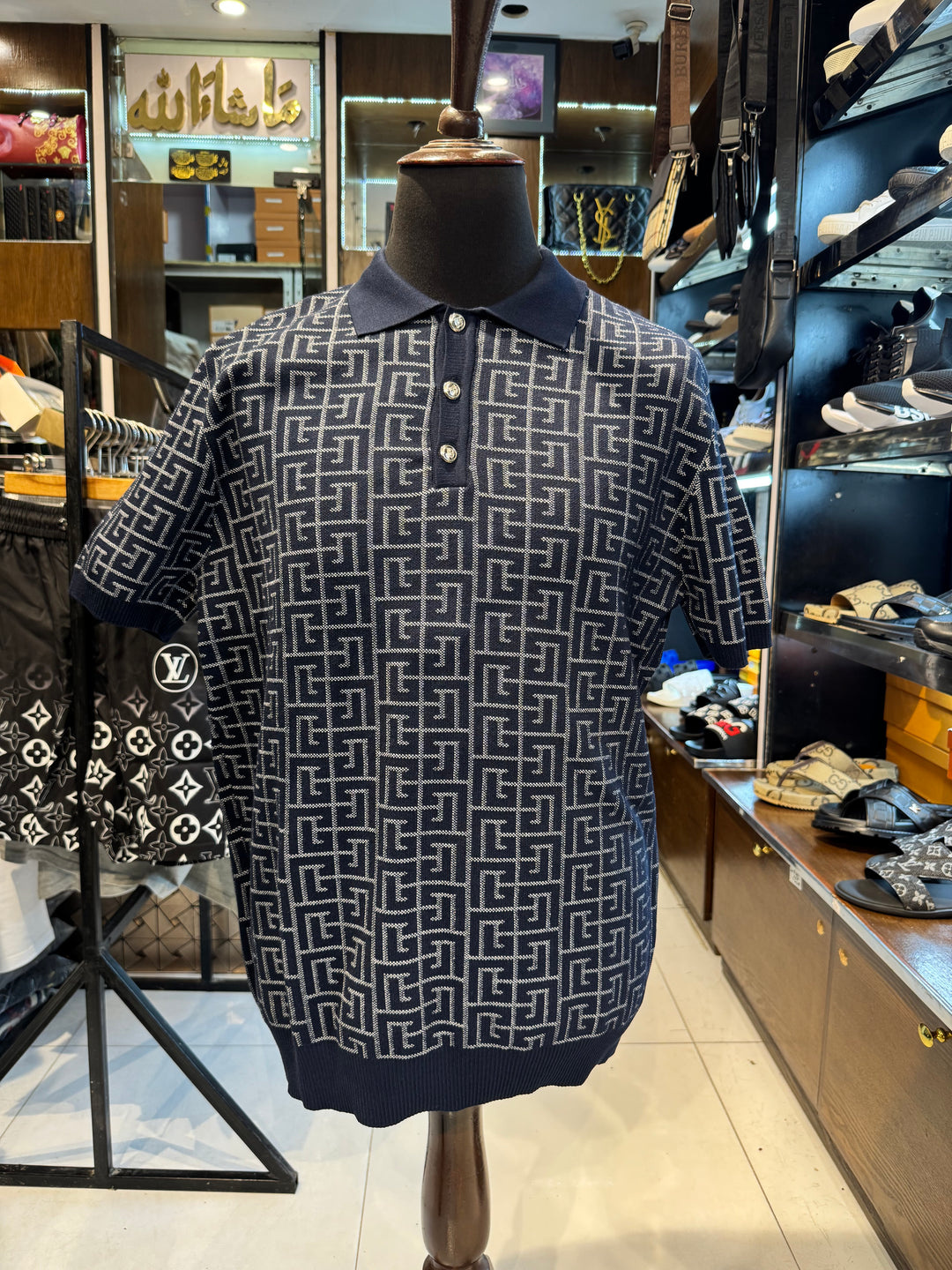 Balmain-Inspired Blue Monogram Knit Polo Shirt - Premium Quality