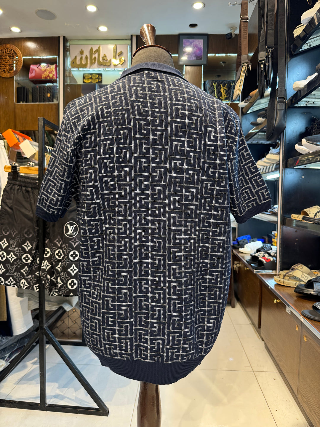 Balmain-Inspired Blue Monogram Knit Polo Shirt - Premium Quality