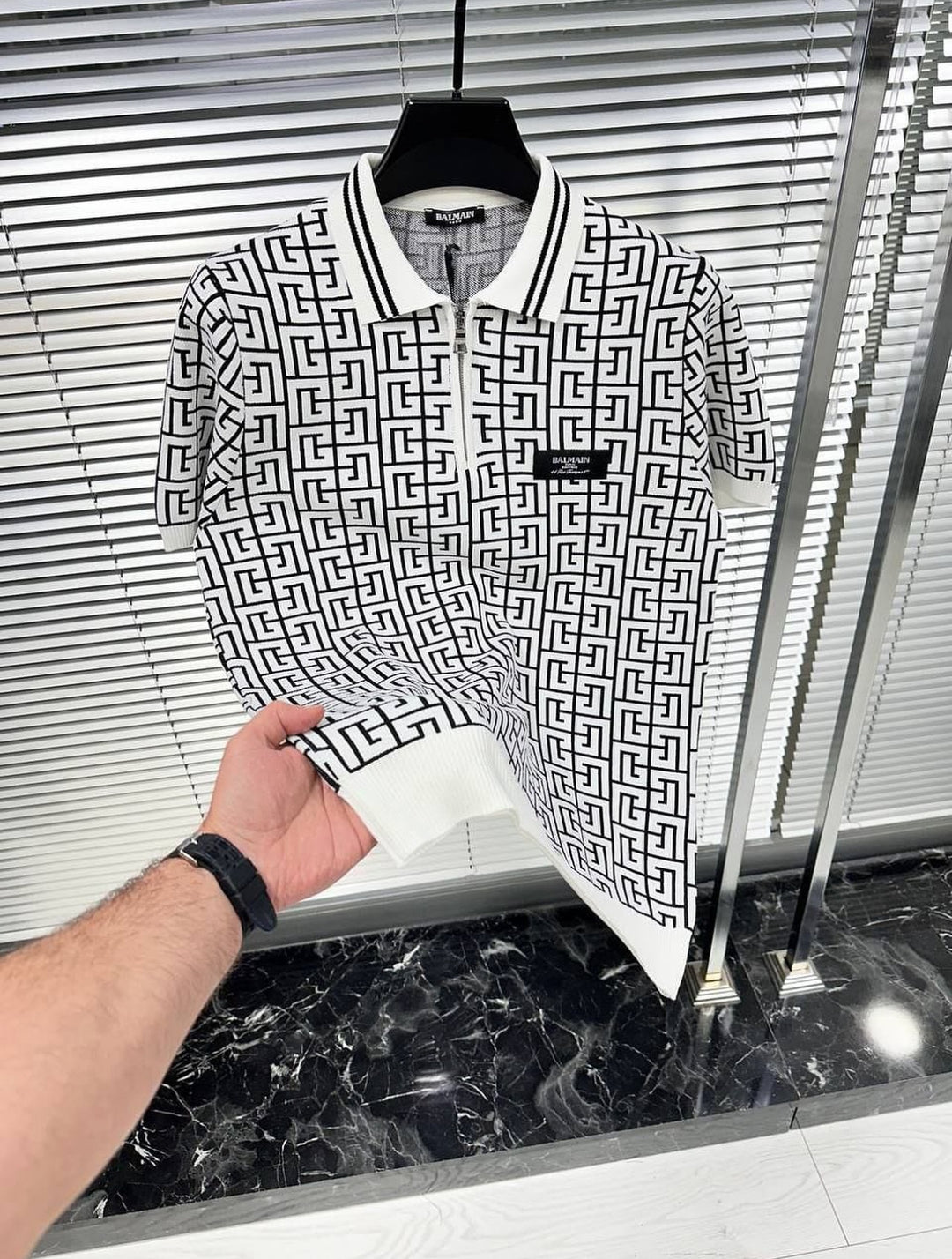 Balmain-Inspired Monogram Knit Polo Shirt White - Premium Quality