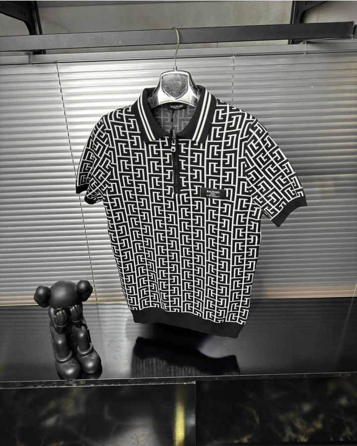 Balmain-Inspired Monogram Knit Polo Shirt Black - Premium Quality
