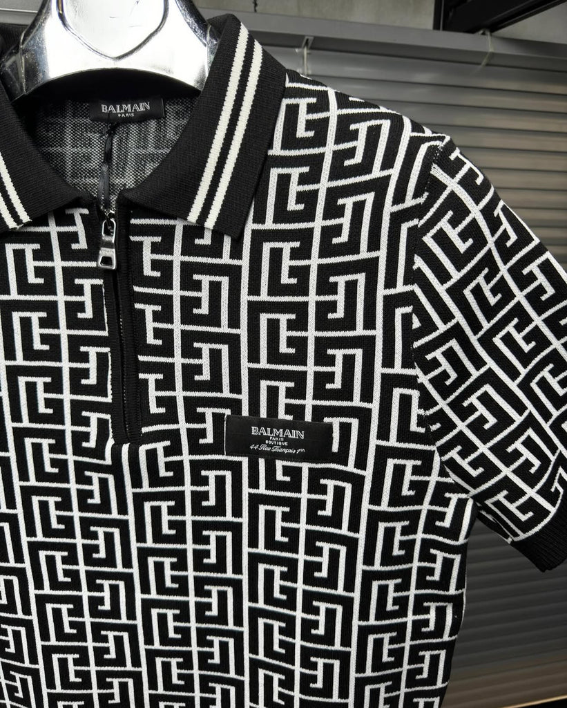 Balmain-Inspired Monogram Knit Polo Shirt Black - Premium Quality