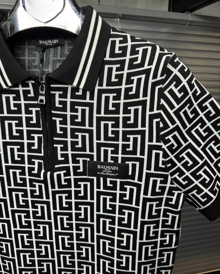 Balmain-Inspired Monogram Knit Polo Shirt Black - Premium Quality