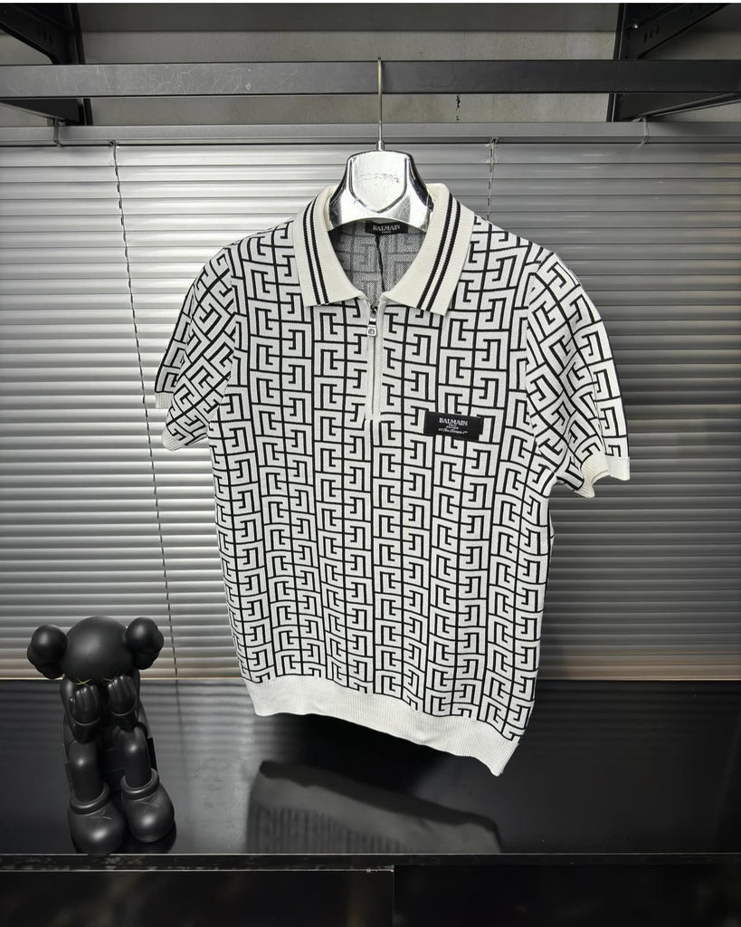 Balmain-Inspired Monogram Knit Polo Shirt White - Premium Quality