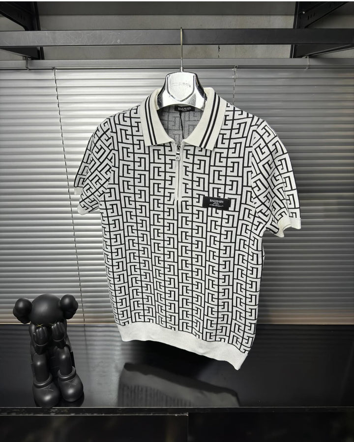 Balmain-Inspired Monogram Knit Polo Shirt White - Premium Quality