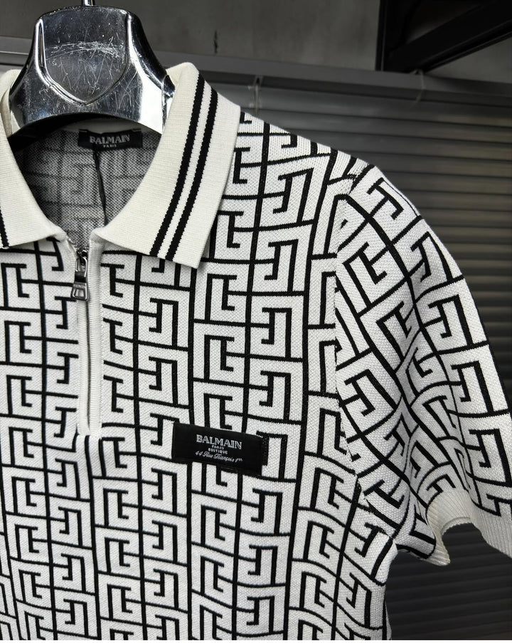 Balmain-Inspired Monogram Knit Polo Shirt White - Premium Quality