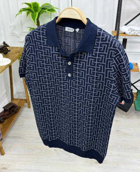 Balmain-Inspired Blue Monogram Knit Polo Shirt - Premium Quality