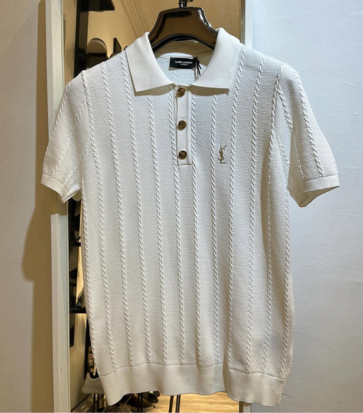 Saint Laurent-Inspired White Knit Polo Shirt- Premium Quality