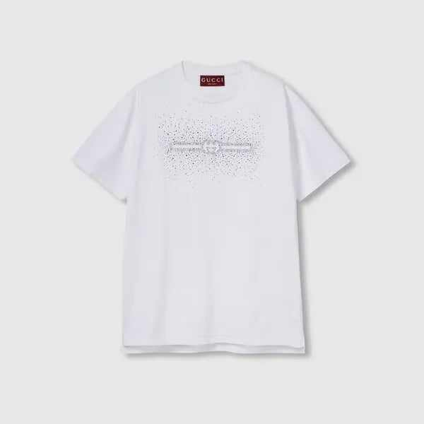 Gucci-Inspired White Logo Rhinestone T-Shirt - Premium Quality