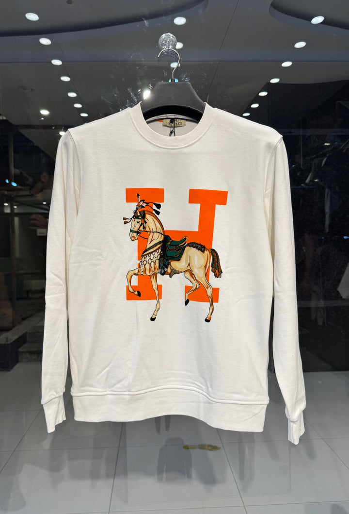 Hermès-Inspired White Horse Sweatshirt – Orange H Design