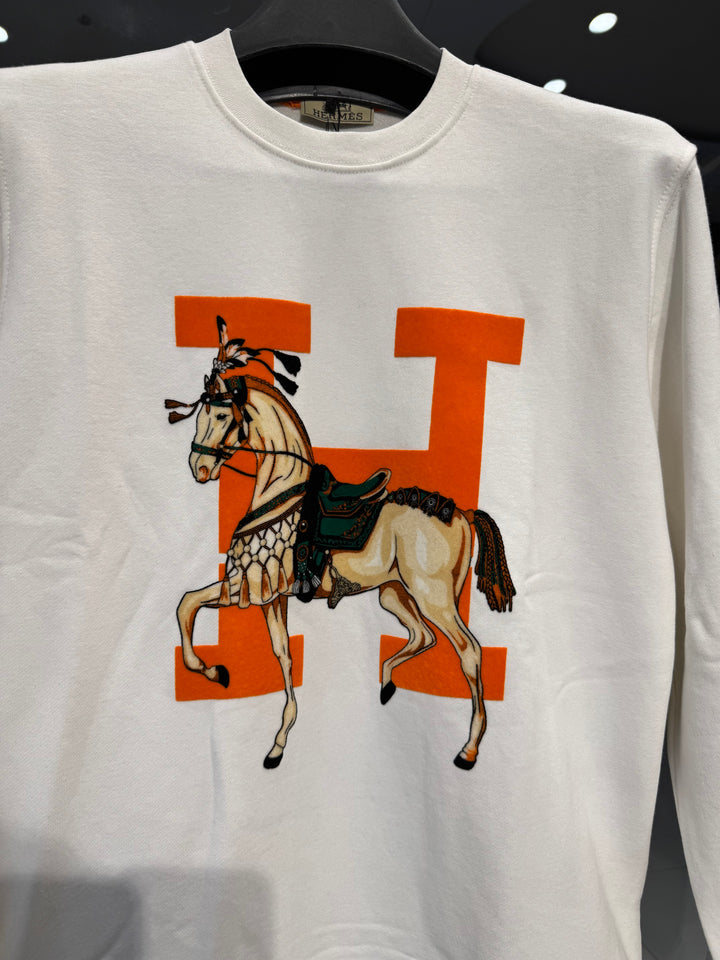 Hermès-Inspired White Horse Sweatshirt – Orange H Design