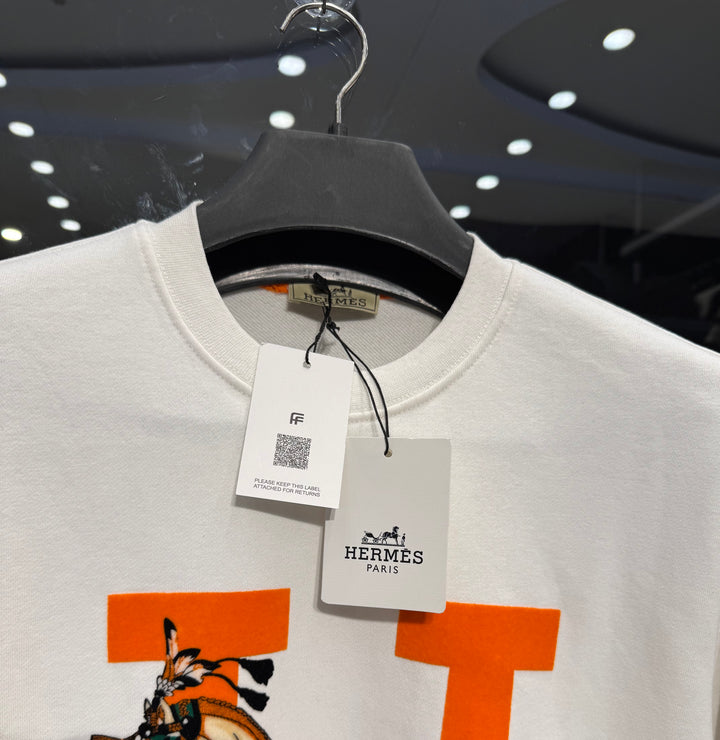 Hermès-Inspired White Horse Sweatshirt – Orange H Design