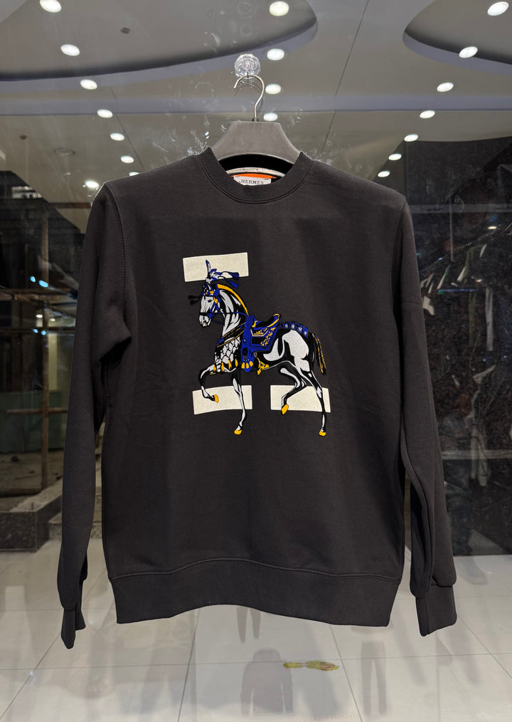Hermès-Inspired Black Horse Sweatshirt – Blue & Gold Design