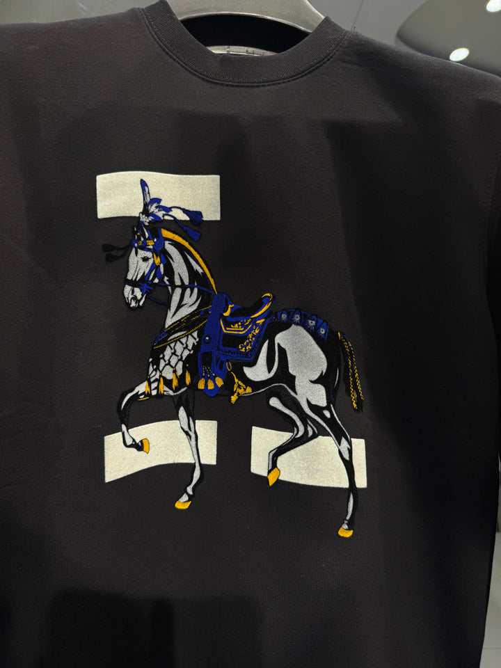 Hermès-Inspired Black Horse Sweatshirt – Blue & Gold Design