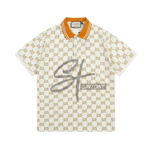 Gucci Monogram Beige Polo Shirt with Orange Collar