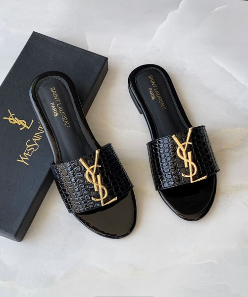 YSL Women Flat Black Slipper With Logo