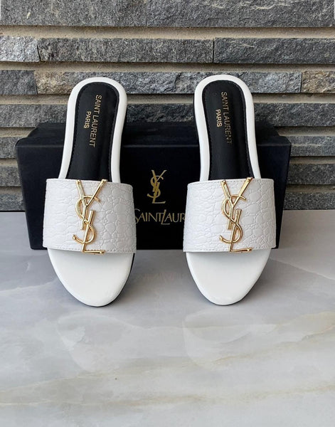YSL Women Flat White Slipper With Logo