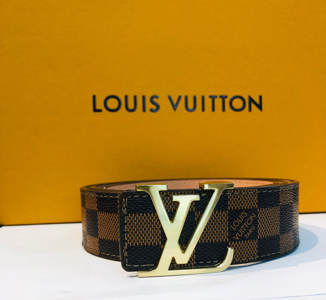 LV Genuine Brown Leather Signature Gold Belt