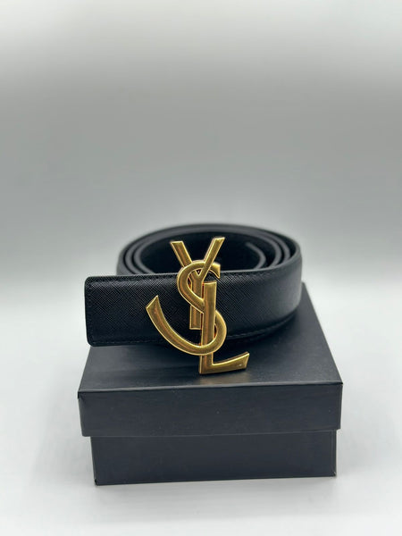 Saint Laurent Genuine Black Leather Signature Golden Belt