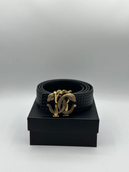 Roberto Cavalli Genuine Black Leather Signature Golden Belt
