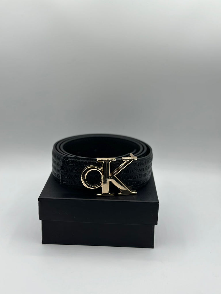 Calvin Klein Genuine Black Leather Signature Golden Belt
