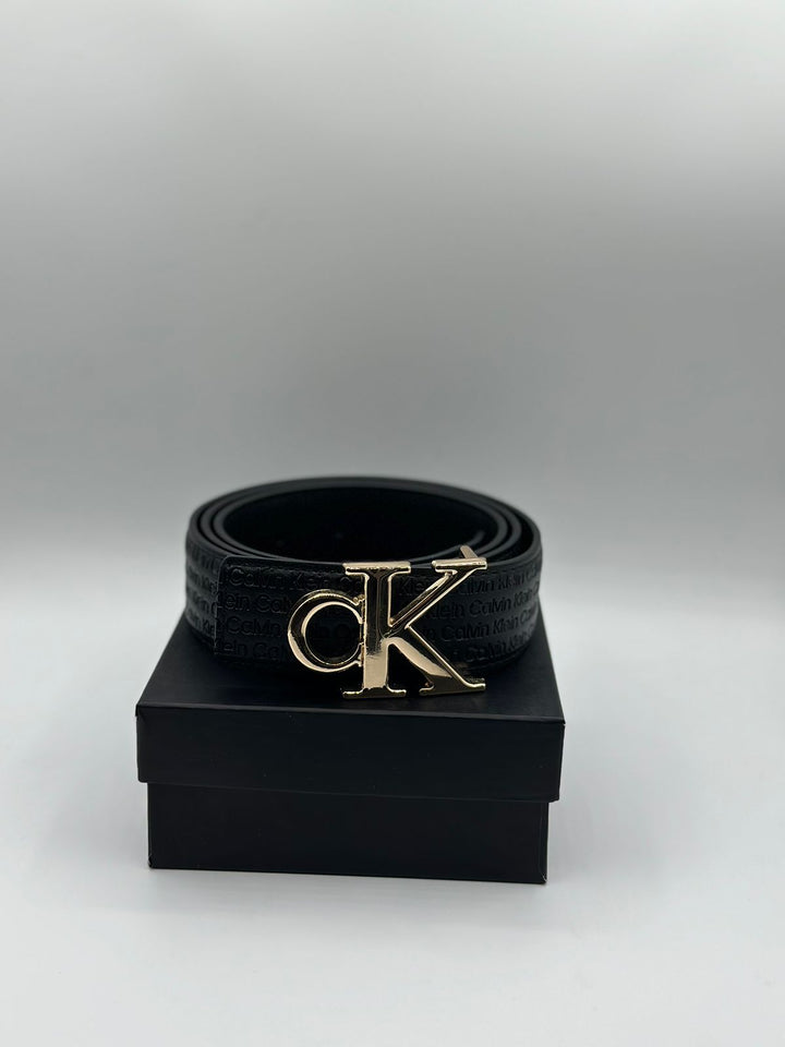 Calvin Klein Genuine Black Leather Signature Golden Belt