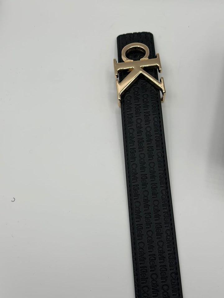 Calvin Klein Genuine Black Leather Signature Golden Belt