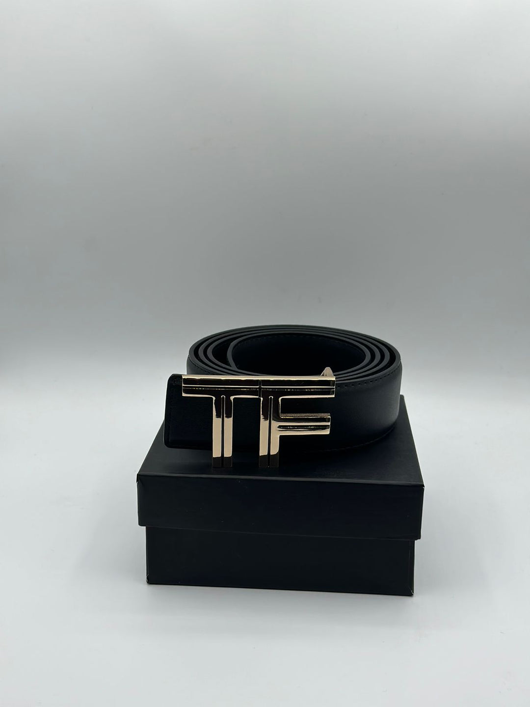 Tom Ford Genuine Black Leather Signature Golden Belt