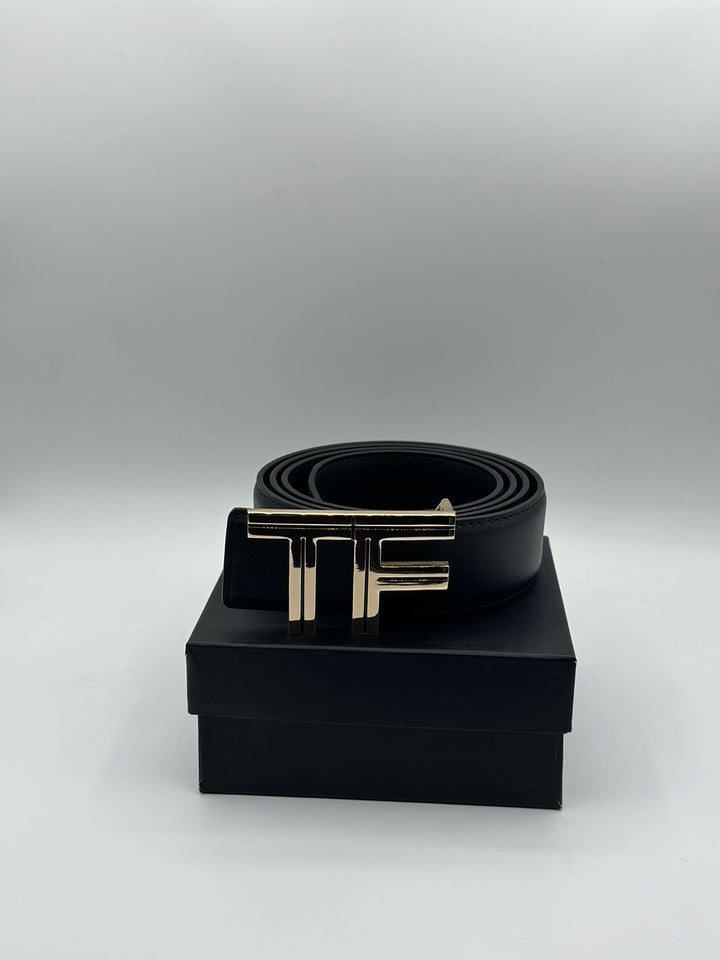 Tom Ford Genuine Black Leather Signature Golden Belt
