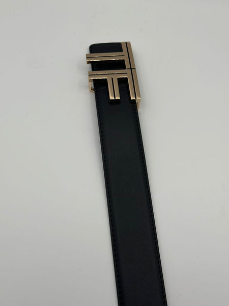Tom Ford Genuine Black Leather Signature Golden Belt