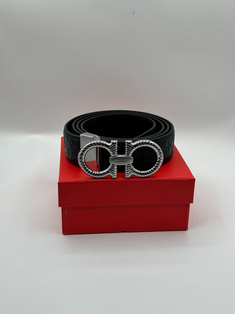 Ferragamo Black Leather Signature Silver Belt