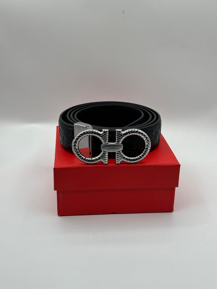 Ferragamo Black Leather Signature Silver Belt