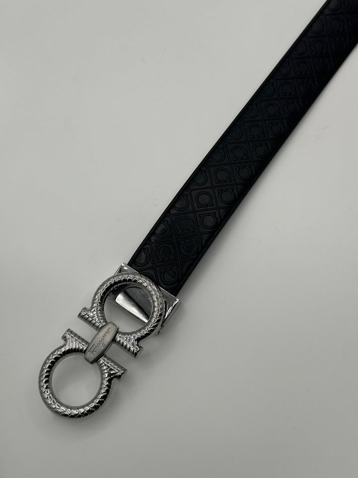 Ferragamo Black Leather Signature Silver Belt