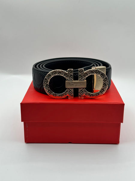 Ferragamo Black Leather Signature Golden Belt