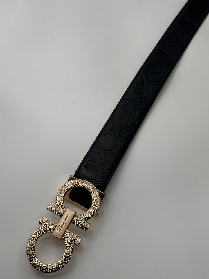 Ferragamo Black Leather Signature Golden Belt