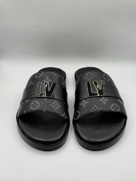 LV Gray Check Premium Quality Leather Slipper