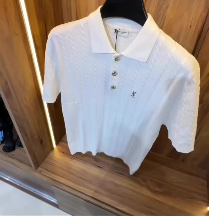Saint Laurent-Inspired White Knit Polo Shirt- Premium Quality