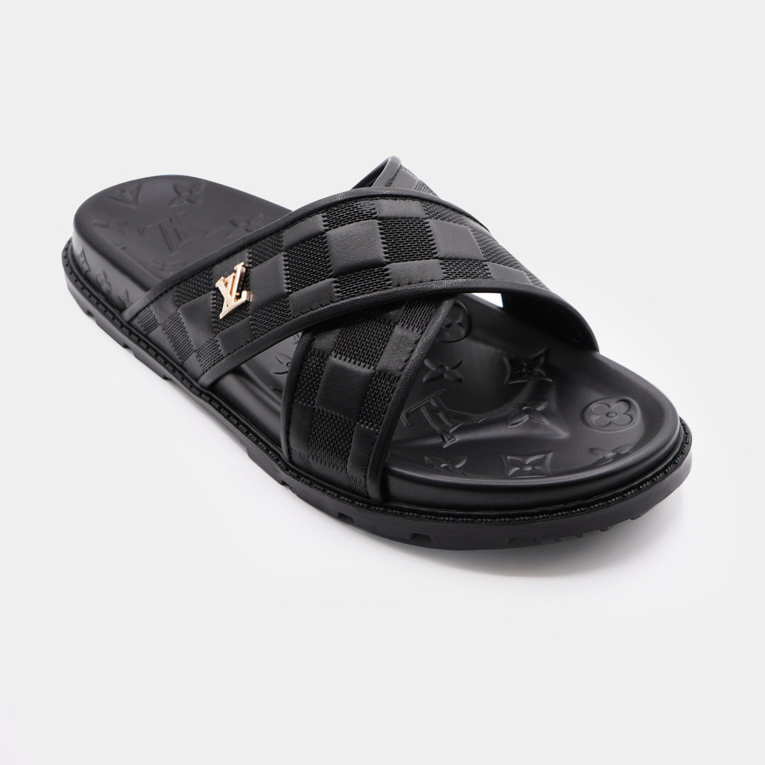 01_1d5aebef-4afd-486b-8cc3-be623ad1b5ce LV Black Premium Quality Upper Slide Leather Slipper - Image 4