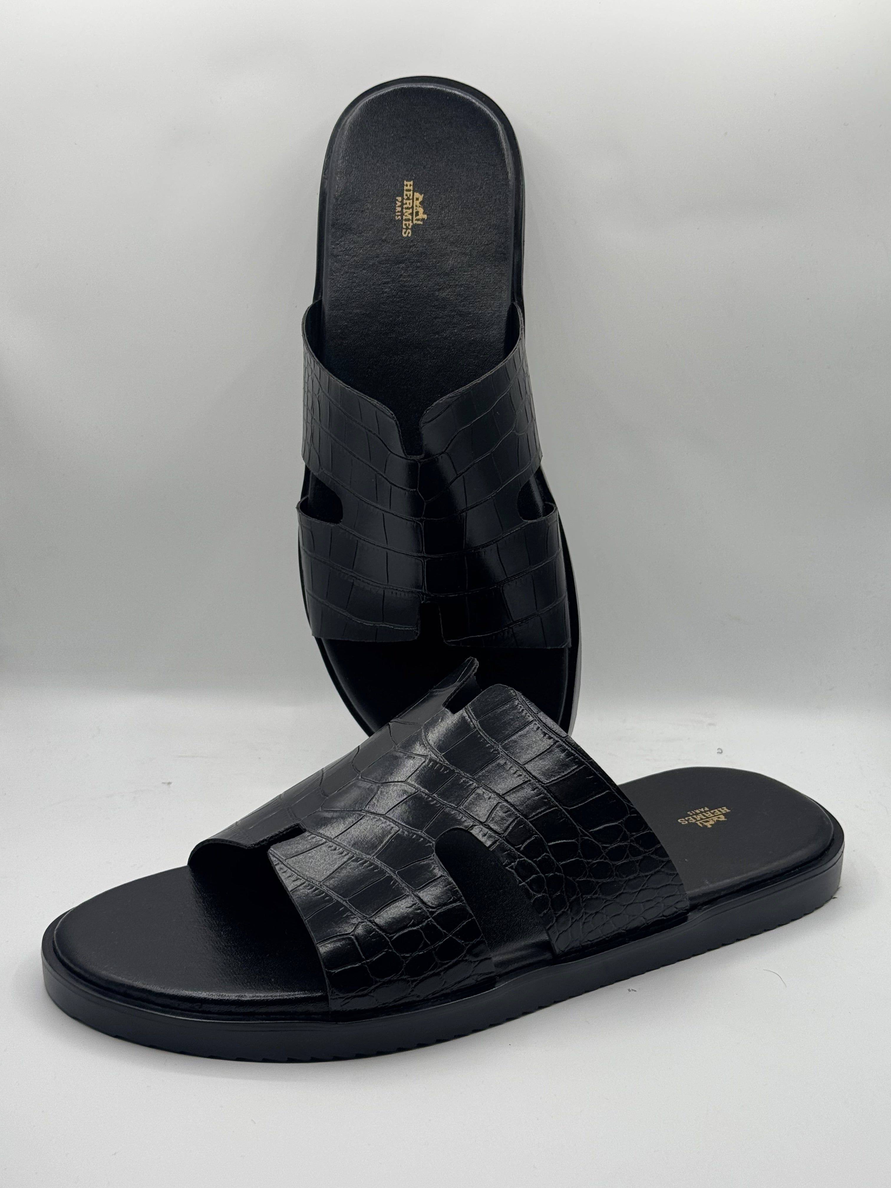 hermes black high quality leather slipper hermes black high quality leather slipper