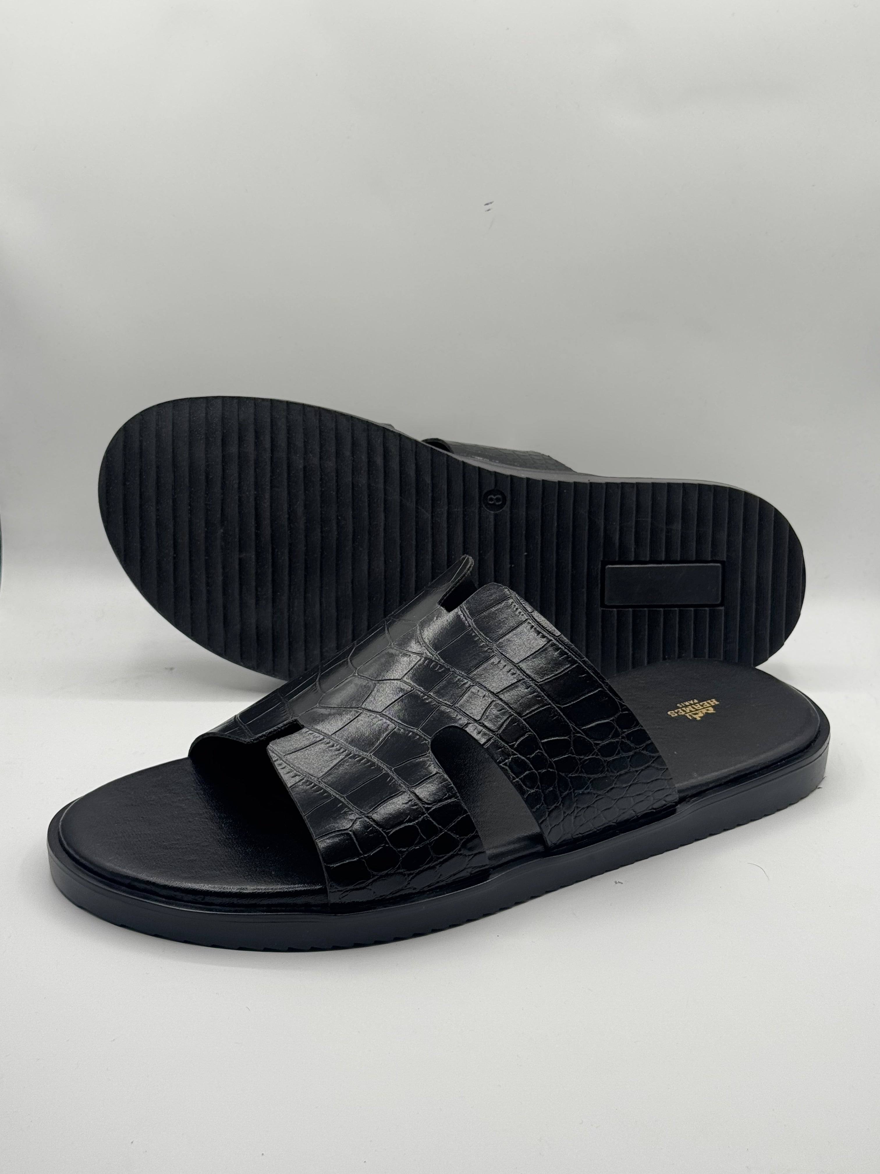hermes black high quality leather slipper hermes black high quality leather slipper