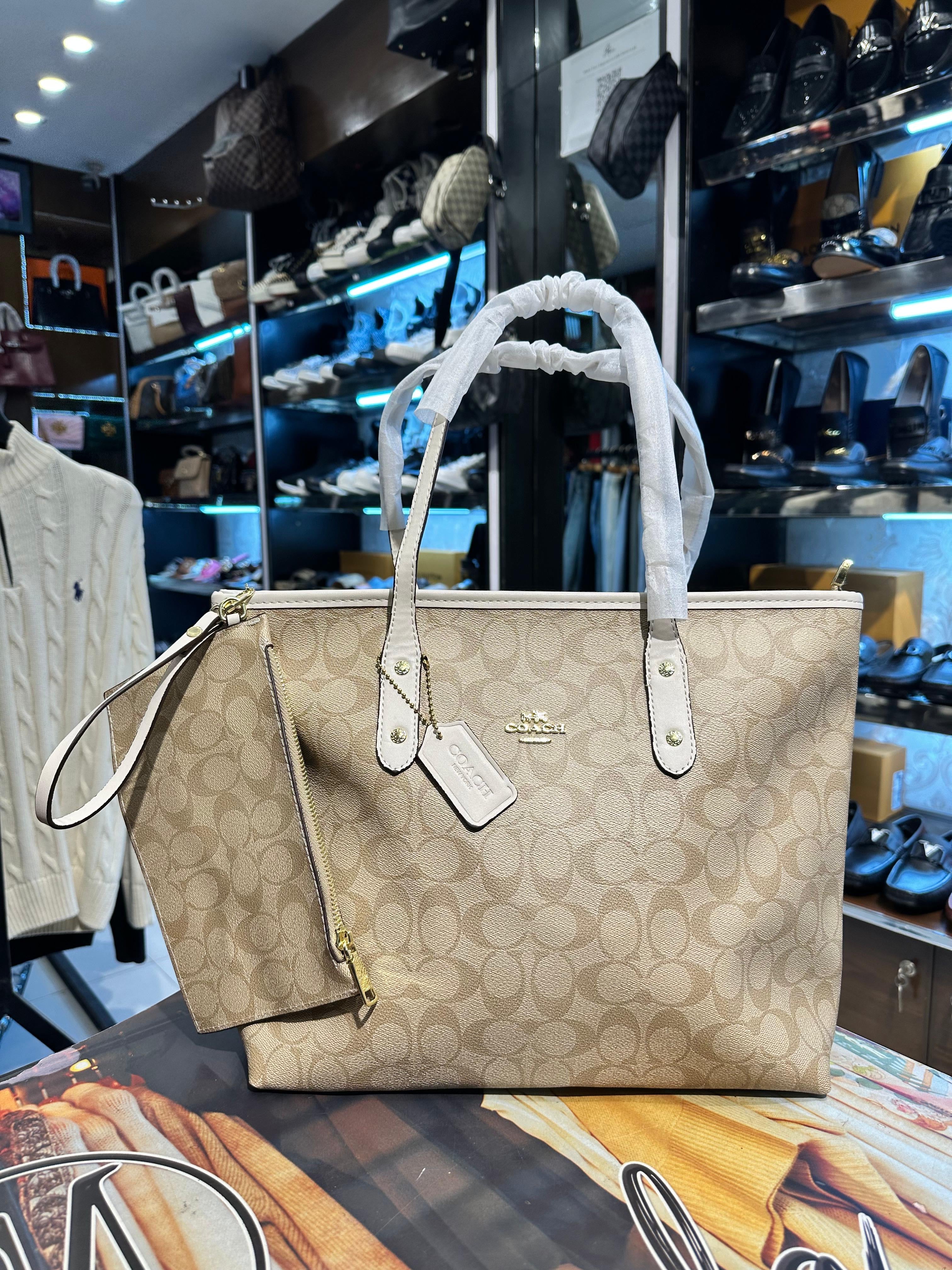 coach city tote bag in signature khaki canvas with matching pouch coach city tote bag in signature khaki canvas with matching pouch