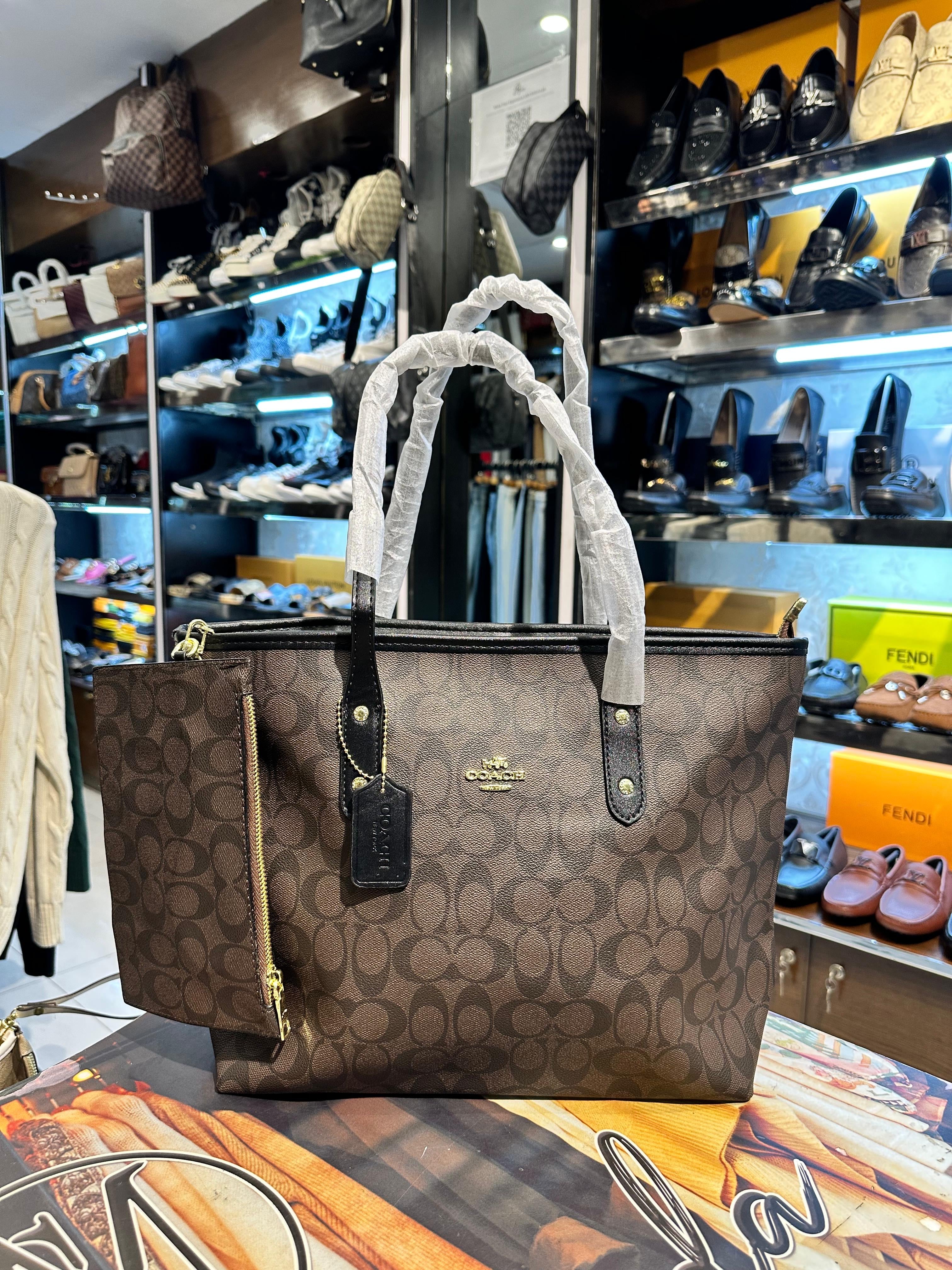 coach city tote in signature dark brown & black monogram canvas coach city tote in signature dark brown & black monogram canvas