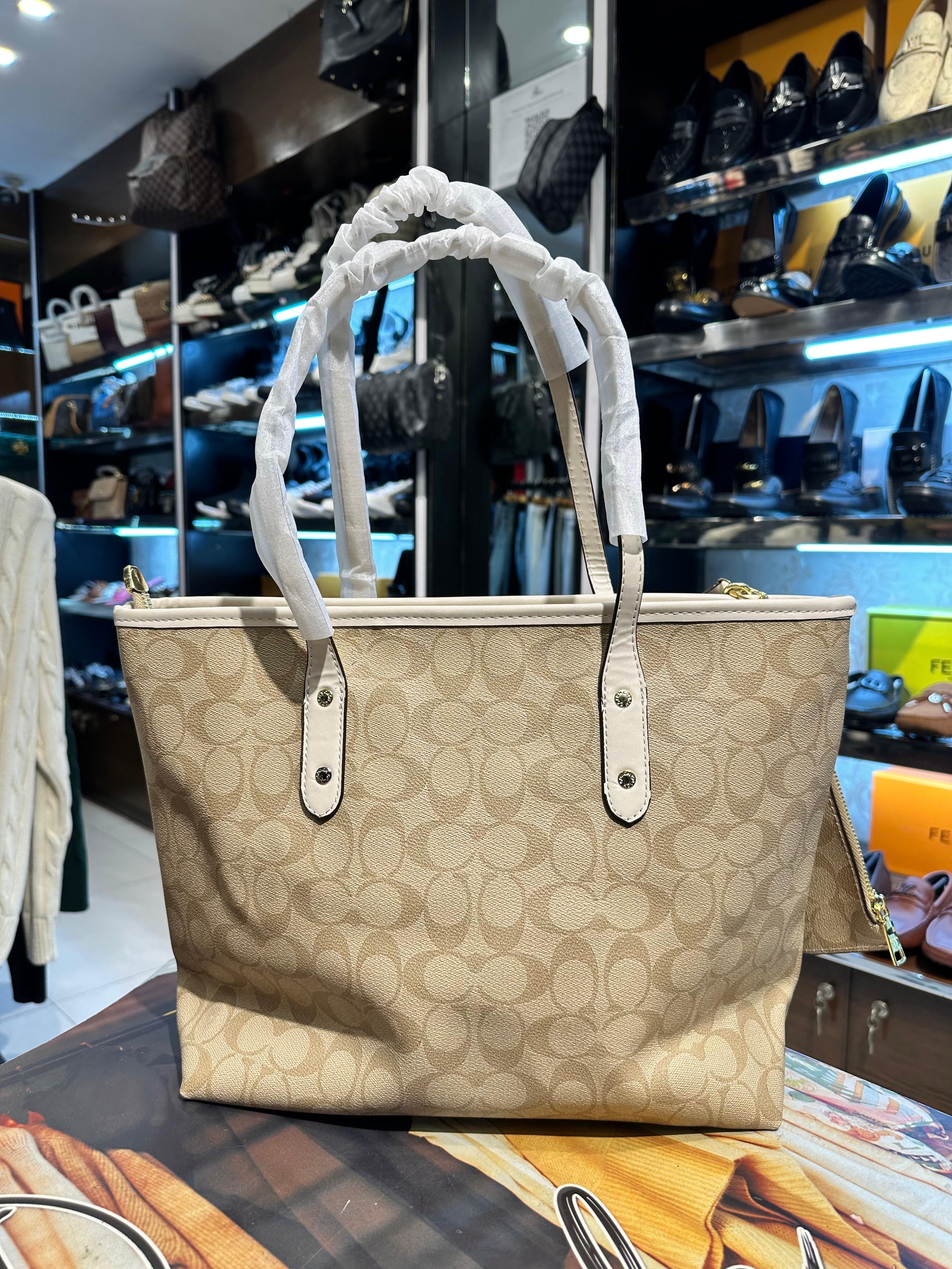 coach city tote bag in signature khaki canvas with matching pouch coach city tote bag in signature khaki canvas with matching pouch