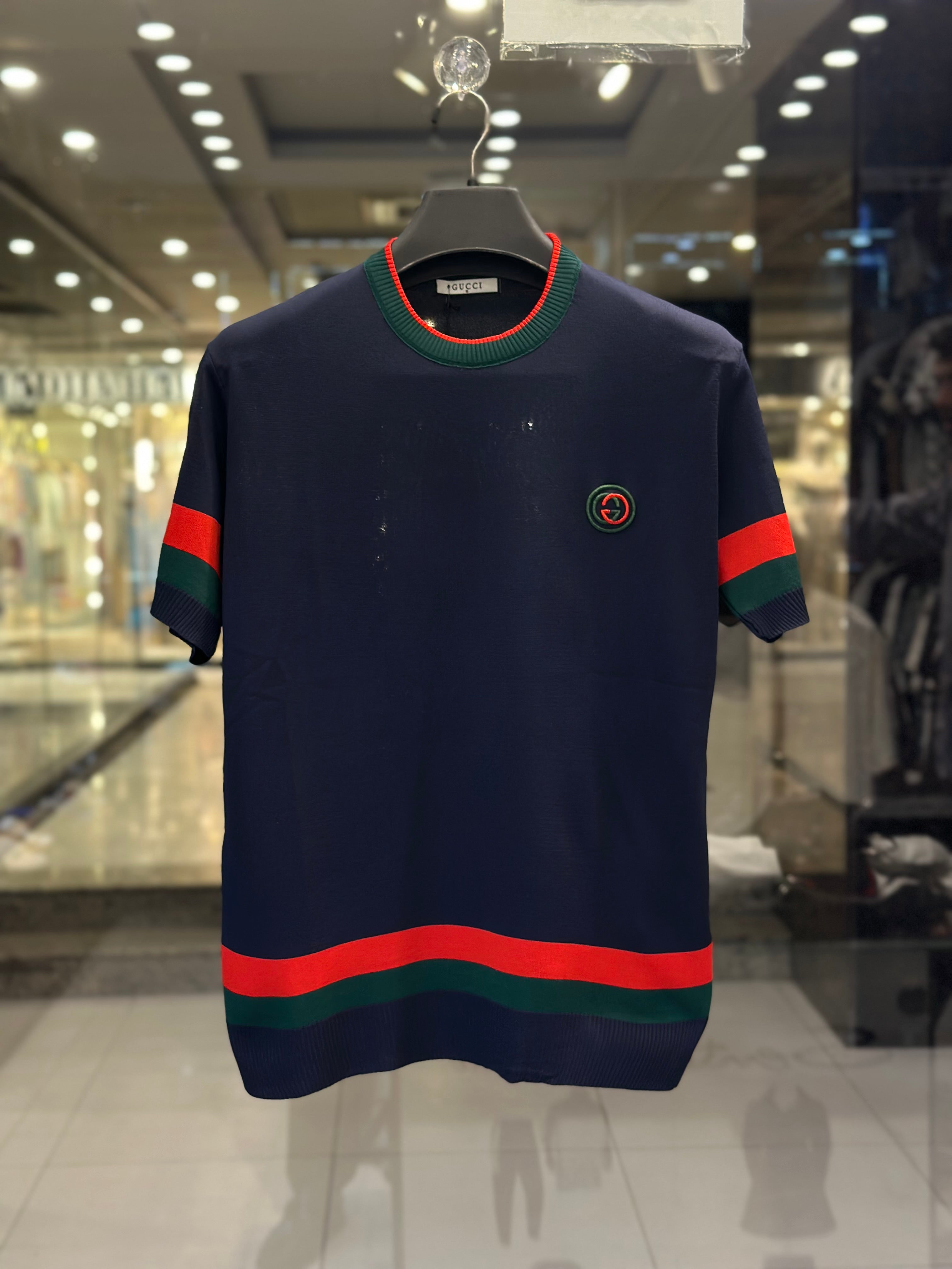 gucci men's navy knit t shirt with green red web gucci men's navy knit t shirt with green red web