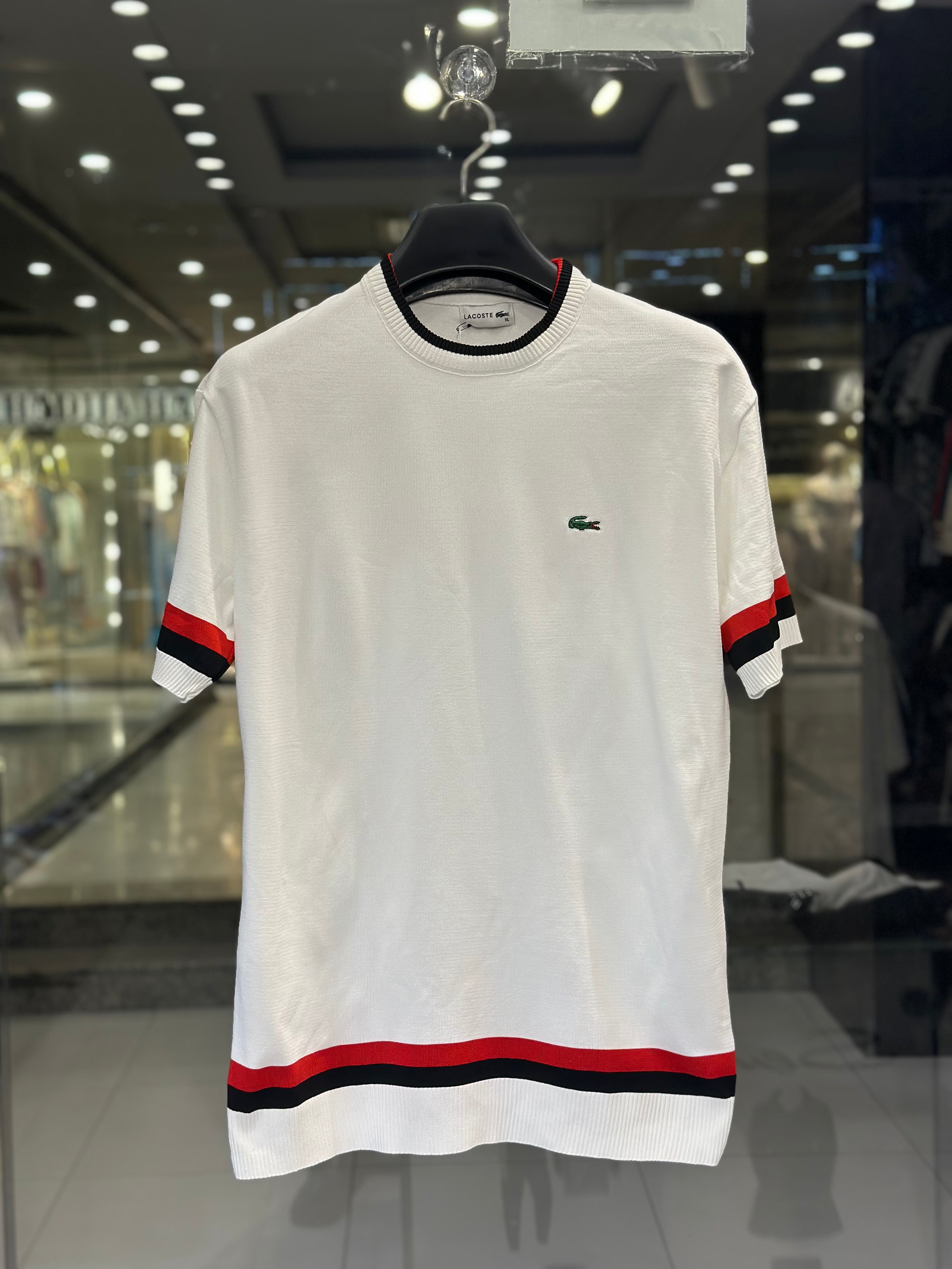 lacoste men's white cotton t shirt with contrast stripes lacoste men's white cotton t shirt with contrast stripes