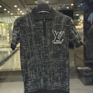 louis vuitton men's black graphic zip neck luxury polo shirt
